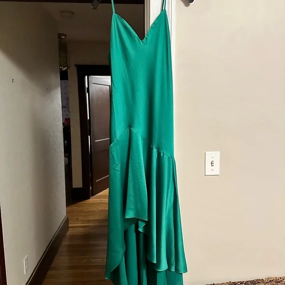 green emerald velvet dress Milly Womens Ravi Hammered Satin Ruffle Dress, 8, Green, Women's main image 0